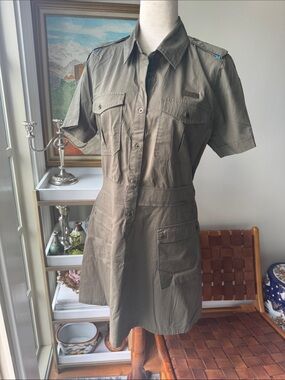 Short-Sleeve Utility Shirt Dress in Olive
